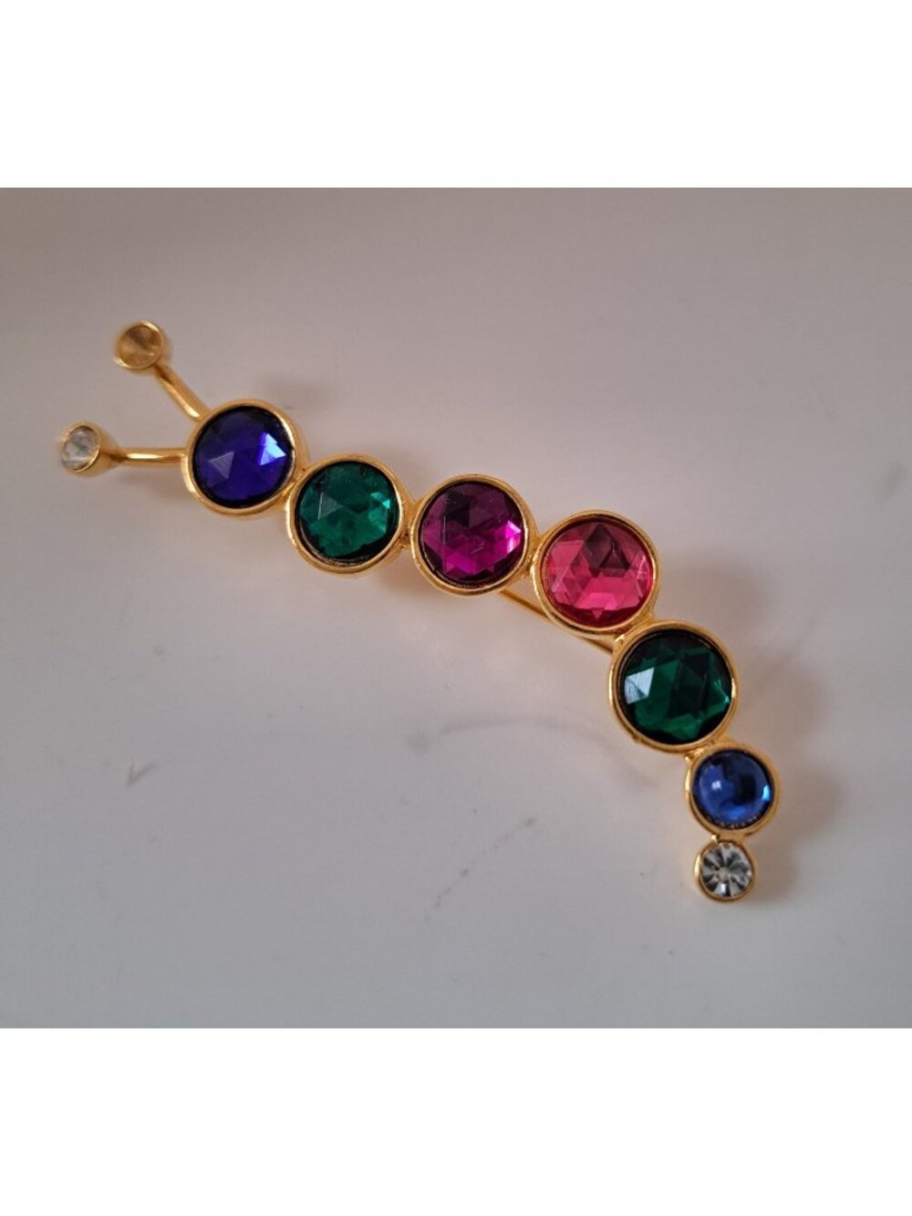 Ladies Vintage Rhinestone Caterpillar Brooch Pin Gold Tone Multicolor